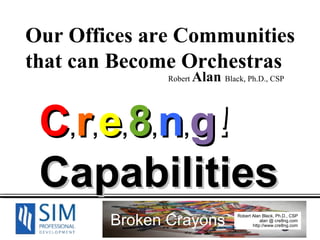 Our Offices are Communities  that can Become Orchestras   Robert  Alan  Black, Ph.D., CSP C , r , e , 8 , n , g !   Capabilities   