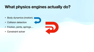 What physics engines actually do?
• Body dynamics (motion)
• Collision detection
• Friction, joints, springs…
• Constraint solver
 