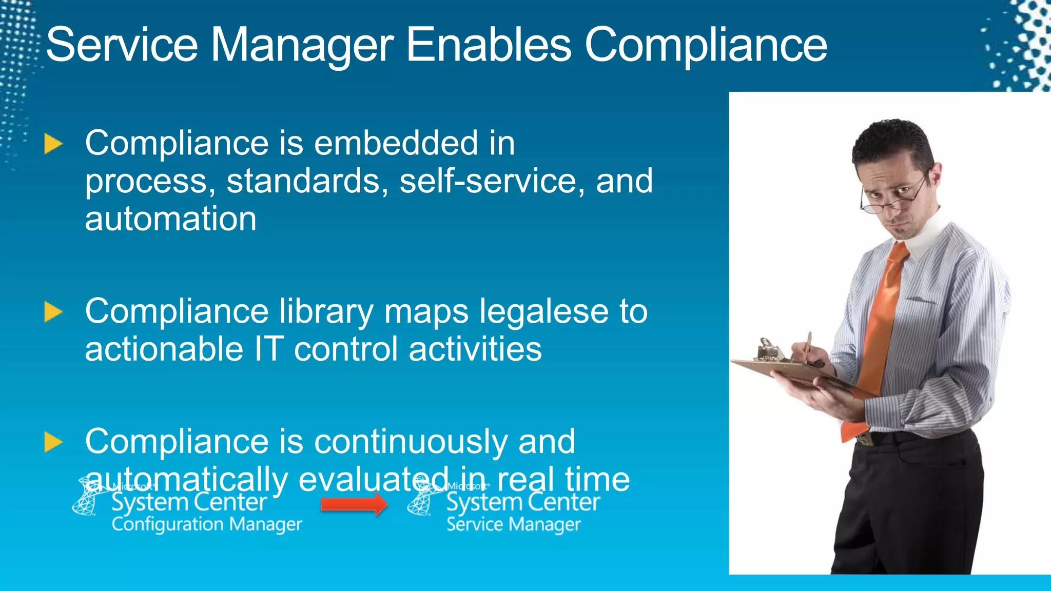 Service Manager Enables AutomationConfiguration Management DBIT DataWarehouseKnowledgeWork ItemsConfiguration Items Integration  Centralized Data Storage  Automation Interfaces 