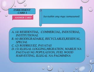 ENRICHMENT
CARD 1
Isa-isahin ang mga sumusunod:
A. (4) RESIDENTIAL, COMMERCIAL, INDUSTRIAL,
INSTITUTIONAL
B. (4) BIODEGRADABLE, RECYCLABLES,RESIDUAL,
SPECIAL
C. (2) RODRIGUEZ, PAYATAS
D. (5) ILLEGAL LOGGING,MIGRATION, MABILIS NA
PAGTAAS NG POPULASYON, FUEL WOOD
HARVESTING, ILLEGAL NA PAGMIMINA
ANSWER CARD
 