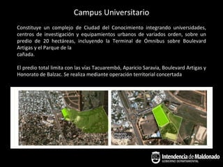 Campus Universitario
Constituye un complejo de Ciudad del Conocimiento integrando universidades,
centros de investigación y equipamientos urbanos de variados orden, sobre un
predio de 20 hectáreas, incluyendo la Terminal de Ómnibus sobre Boulevard
Artigas y el Parque de la
cañada.

El predio total limita con las vías Tacuarembó, Aparicio Saravia, Boulevard Artigas y
Honorato de Balzac. Se realiza mediante operación territorial concertada
 