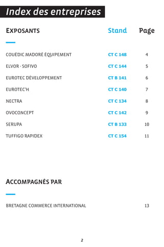 EXPOSANTS
COUÉDIC MADORÉ ÉQUIPEMENT
ELVOR - SOFIVO
EUROTEC DÉVELOPPEMENT
EUROTEC’H
NECTRA
OVOCONCEPT
SERUPA
TUFFIGO RAPIDEX
ACCOMPAGNÉS PAR
BRETAGNE COMMERCE INTERNATIONAL
Stand
CT C 148
CT C 144
CT B 141
CT C 140
CT C 134
CT C 142
CT B 133
CT C 154
Page
4
5
6
7
8
9
10
11
13
Index des entreprises
2
 