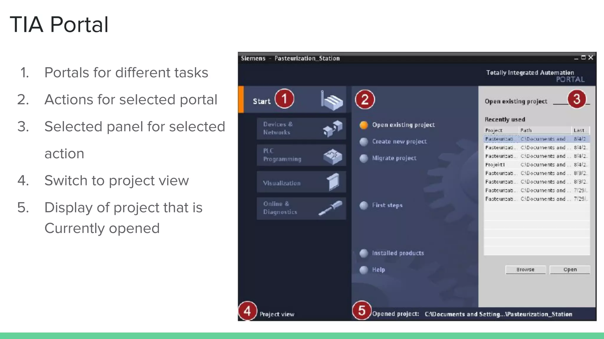 TIA Portal
1. Portals for diﬀerent tasks
2. Actions for selected portal
3. Selected panel for selected
action
4. Switch to project view
5. Display of project that is
Currently opened
 