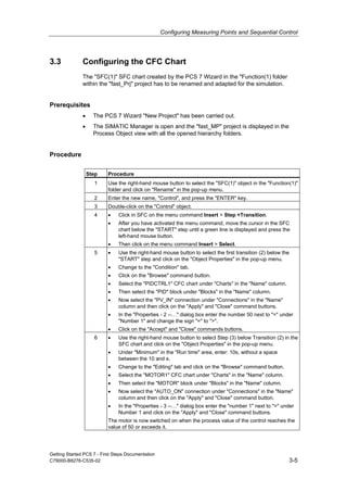 Configuring Measuring Points and Sequential Control
Getting Started PCS 7 - First Steps Documentation
C79000-B8276-C535-02 3-5
3.3 Configuring the CFC Chart
The "SFC(1)" SFC chart created by the PCS 7 Wizard in the "Function(1) folder
within the "fast_Prj" project has to be renamed and adapted for the simulation.
Prerequisites
• The PCS 7 Wizard "New Project" has been carried out.
• The SIMATIC Manager is open and the "fast_MP" project is displayed in the
Process Object view with all the opened hierarchy folders.
Procedure
Step Procedure
1 Use the right-hand mouse button to select the "SFC(1)" object in the "Function(1)"
folder and click on "Rename" in the pop-up menu.
2 Enter the new name, "Control", and press the "ENTER" key.
3 Double-click on the "Control" object.
4 • Click in SFC on the menu command Insert > Step +Transition.
• After you have activated the menu command, move the cursor in the SFC
chart below the "START" step until a green line is displayed and press the
left-hand mouse button.
• Then click on the menu command Insert > Select.
5 • Use the right-hand mouse button to select the first transition (2) below the
"START" step and click on the "Object Properties" in the pop-up menu.
• Change to the "Condition" tab.
• Click on the "Browse" command button.
• Select the "PIDCTRL1" CFC chart under "Charts" in the "Name" column.
• Then select the "PID" block under "Blocks" in the "Name" column.
• Now select the "PV_IN" connection under "Connections" in the "Name"
column and then click on the "Apply" and "Close" command buttons.
• In the "Properties - 2 --…" dialog box enter the number 50 next to "=" under
"Number 1" and change the sign "=" to ">".
• Click on the "Accept" and "Close" commands buttons.
6 • Use the right-hand mouse button to select Step (3) below Transition (2) in the
SFC chart and click on the "Object Properties" in the pop-up menu.
• Under "Minimum" in the "Run time" area, enter: 10s, without a space
between the 10 and s.
• Change to the "Editing" tab and click on the "Browse" command button.
• Select the "MOTOR1" CFC chart under "Charts" in the "Name" column.
• Then select the "MOTOR" block under "Blocks" in the "Name" column.
• Now select the "AUTO_ON" connection under "Connections" in the "Name"
column and then click on the "Apply" and "Close" command button.
• In the "Properties - 3 --…" dialog box enter the "number 1" next to "=" under
Number 1 and click on the "Apply" and "Close" command buttons.
The motor is now switched on when the process value of the control reaches the
value of 50 or exceeds it.
 