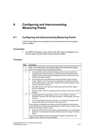 Getting Started PCS 7 - First Steps Documentation
C79000-B8276-C535-02 6-1
6 Configuring and Interconnecting
Measuring Points
6.1 Configuring and Interconnecting Measuring Points
In the Process Object view the signals are first inserted and then the parameter
values modified.
Prerequisites
• The SIMATIC Manager is open and the "fast_MP" project is displayed in the
Process Object view with all the opened hierarchy folders.
Procedure
Step Procedure
1 Click on the "Plant" folder in the Process Object view in the left-hand window.
2 Click on the "Signals" tab in the right-hand window.
3 • In the right-hand window divide the display window into two sections by
positioning the cursor over the bar on the left next to the lower horizontal
scroll bar until the divide symbol is displayed and then move the bar to the
middle of the display window.
• Then slide the bar of the left-hand horizontal scroll bar until the columns
"Chart", "Block" and "I/O comment" are displayed in the left-hand window.
Use the Split symbol on the column margins in the column heading in order
to hide or reduce the columns.
• Next slide the bar of the right-hand horizontal scroll bar until the "Signal"
column is displayed.
• Sort the "Chart" column in ascending order by clicking on the "Chart" column
heading.
4 • Use the right-hand mouse button to click on in the "Signal" column for
"MOTOR1" chart and "FB_ON" block and click on "Insert signal" in the pop-
up menu.
• In the "Insert Signal" dialog box right-click in the right-hand window on the
"Inputs" folder and then on "Open" in the pop-up menu.
In the hardware configuration the signal names were selected so that they are
combined from the names of the measuring point, "Chart" column, and the name
of the channel drivers, "Block" column.
• Select the "MOTOR1-FB_RUN" signal correspondingly in the "Insert Signal"
dialog box in the right-hand window and then click on the "Apply" command
button.
In the Process Object view the inserted signal is applied automatically in the
"Signal" column and the next cell is selected.
 