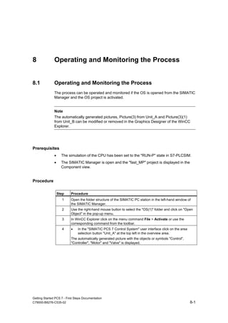 Getting Started PCS 7 - First Steps Documentation
C79000-B8276-C535-02 8-1
8 Operating and Monitoring the Process
8.1 Operating and Monitoring the Process
The process can be operated and monitored if the OS is opened from the SIMATIC
Manager and the OS project is activated.
Note
The automatically generated pictures, Picture(3) from Unit_A and Picture(3)(1)
from Unit_B can be modified or removed in the Graphics Designer of the WinCC
Explorer.
Prerequisites
• The simulation of the CPU has been set to the "RUN-P" state in S7-PLCSIM.
• The SIMATIC Manager is open and the "fast_MP" project is displayed in the
Component view.
Procedure
Step Procedure
1 Open the folder structure of the SIMATIC PC station in the left-hand window of
the SIMATIC Manager.
2 Use the right-hand mouse button to select the "OS(1)" folder and click on "Open
Object" in the pop-up menu.
3 In WinCC Explorer click on the menu command File > Activate or use the
corresponding command from the toolbar.
4 • In the "SIMATIC PCS 7 Control System" user interface click on the area
selection button "Unit_A" at the top left in the overview area.
The automatically generated picture with the objects or symbols "Control",
"Controller", "Motor" and "Valve" is displayed.
 