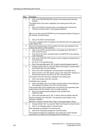 Operating and Monitoring the Process
Getting Started PCS 7 - First Steps Documentation
8-2 C79000-B8276-C535-02
Step Procedure
5 • Click on the "MOTOR1/MOTOR" symbol in the working area of the user
interface.
The display block of the motor is displayed in the working area of the user
interface.
• Click on the "Reset" command button in the display block and then the
"Execute" command button in the displayed dialog box.
Tip: You can also press the "ENTER" key on the keyboard instead of clicking on
the "Execute" command button.
• Click on the "Start" command button.
The motor is started and this is indicated on the left-hand side in the display block
under "Status" "On".
6 Also have the display blocks of the controller and of the valve displayed in the
working area and try out their operation.
7 • Click on the "STOP" command button in the display block "MOTOR1" in
order to stop the motor.
• Then click on the "Auto" command button to set MOTOR1 to the operating
mode "Automatic".
8 • Click on the "PIDCTRL1/PID" symbol in order to display this display block in
the working area.
• Set "Auto" in the operating mode.
• Click in the input field next to "SP" in order to enter the setpoint value 40.
9 • Change to Button Set 2 by using the "Button Set Change" command button
at the bottom left in the user interface.
• Click on the "SFC Visualization" command button in the Button Set 2.
• Select "Control" in the "SFC Name" column in the "Open SFC" dialog box in
the right-hand window and click on the "OK" command button.
The window of the SFC overview is displayed in the working area.
• Click in the window of the SFC overview.
The Details view is opened.
• Click in the Details view on the "Start" command button and the dialog box
then displayed by clicking on the "OK" command button.
If the process value of the controller does not exceed 50, the sequential control
system stops at the first transition and is no longer executed.
• Click on the window already displayed of the controller block
"PIDCTRL1/PID".
• Click in the input field next to "SP" in order to enter the setpoint value 90.
Monitor the Details view of the SFC. The sequential control system is now
executed completely.
MOTOR1 is started in the flow chart in Step 3 and stopped again in Step 4.
10 • Change to Button Set 1 by using the "Button Set Change" command button.
• Click on the "Message system" command button.
New messages are displayed in the working area.
• Click on the "Operating message list" command button.
The operating message list is displayed in the working area. All the operator
inputs which you carried out in the display blocks are listed here.
 