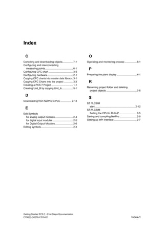 Getting Started PCS 7 - First Steps Documentation
C79000-G8276-C535-02 Index-1
Index
C
Compiling and downloading objects............... 7-1
Configuring and interconnecting
measuring points........................................ 6-1
Configuring CFC chart ................................... 3-5
Configuring hardware..................................... 2-1
Copying CFC charts into master data library . 3-1
Copying CFC Charts into the project ............. 3-3
Creating a PCS 7 Project............................... 1-1
Creating Unit_B by copying Unit_A................ 5-1
D
Downloading from NetPro to PLC................ 2-13
E
Edit Symbols
for analog output modules.......................... 2-4
for digital input modules ............................. 2-5
for Digital Output Modules.......................... 2-6
Editing symbols.............................................. 2-3
O
Operating and monitoring process .................8-1
P
Preparing the plant display.............................4-1
R
Renaming project folder and deleting
project objects ............................................3-8
S
S7 PLCSIM
start ..........................................................2-12
S7-PLCSIM
Setting the CPU to RUN-P .........................7-5
Saving and compiling NetPro .........................2-9
Setting up MPI interface .................................2-7
 