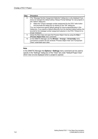 Creatig a PCS 7 Project
Getting Started PCS 7 - First Steps Documentation
1-2 C79000-B8276-C535-02
Step Procedure
8 The "Message Number Assignment Selection" dialog box is only displayed if you
have not changed the default setting "Always Prompt Settings" for new projects in
the "Select" dialog box.
• Select the "Unique message number assignment for the CPU" radio button
and terminate the dialog box by clicking on the "OK" dialog box.
You can furthermore specify default settings for future projects/libraries in this
dialog box. If you specify a default differently from the standard default setting, the
prompt for the message number assignment selection in the PCS 7 Wizard is no
longer displayed.
9 Close the Plant View and open the Process Object View by using the View >
Process Object View menu command.
10 In the SIMATIC Manager use the Window > Arrange > Horizontally menu
command to position the two windows "Process Object View" and "Component
View" underneath each other.
Note
In the SIMATIC Manager the Options > Settings menu command can be used to
specify in the "Settings" dialog box of the "View" tab under "Default Project View"
which view is to be displayed when a project is opened.
 