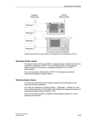 Configuration techniques
ProTool User’s Guide
Release 12/99 5-55
COROS OP25
assigned
display class
COROS OP35
selected
display classes
Message A
1
Message B
1
Message C
0
Message D
2
1
1
0 2
Display classes determine which groups of messages are to be displayed on the OP
Specifying display classes
The display class to which an ALARM_S message belongs is determined when the
message is configured in STEP 7. For a precise description of the procedure,
please consult the information on message configuration in your STEP 7
documentation.
If you do not specify a display class in STEP 7 the message concerned is
automatically assigned to display class 0.
Selecting display classes
In ProTool you must specify which display classes are to be displayed on the
operating unit being configured.
You make your selection by choosing System → Messages → Settings. You can
find a precise description in the chapter called Setting the message procedure and
selecting the display classes (Chapter 5.10.4).
If you do not make a selection, all display classes (display classes 0 to 15) are
displayed as the default.
 