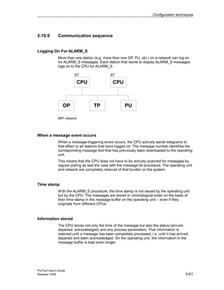 Configuration techniques
ProTool User’s Guide
Release 12/99 5-61
5.10.9 Communication sequence
Logging On For ALARM_S
More than one station (e.g. more than one OP, PU, etc.) on a network can log on
for ALARM_S messages. Each station that wants to display ALARM_S messages
logs on to the CPU for ALARM_S.
OP
S7
CPU
PUTP
CPU
S7
MPI network
When a message event occurs
When a message-triggering event occurs, the CPU actively sends telegrams to
that effect to all stations that have logged on. The message number identifies the
corresponding message text that has previously been downloaded to the operating
unit.
This means that the CPU does not have to be actively scanned for messages by
regular polling as was the case with the message bit procedure. The operating unit
and network are completely relieved of that burden on the system.
Time stamp
With the ALARM_S procedure, the time stamp is not issued by the operating unit
but by the CPU. The messages are stored in chronological order on the basis of
their time stamp in the message buffer on the operating unit – even if they
originate from different CPUs.
Information stored
The CPU stores not only the time of the message but also the status (arrived,
departed, acknowledged) and any process parameters. That information is
retained until a message has been completely processed, i.e. until it has arrived,
departed and been acknowledged. On the operating unit, the information in the
message buffer is kept even longer.
 