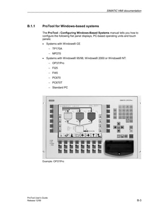 SIMATIC HMI documentation
ProTool User’s Guide
Release 12/99 B-3
B.1.1 ProTool for Windows-based systems
The ProTool - Configuring Windows-Based Systems manual tells you how to
configure the following flat panel displays, PC-based operating units and touch
panels:
• Systems with Windows® CE
− TP170A
− MP270
• Systems with Windows® 95/98, Windows® 2000 or Windows® NT:
− OP37/Pro
− FI25
− FI45
− PC670
− PC670T
− Standard PC
Example: OP37/Pro
 