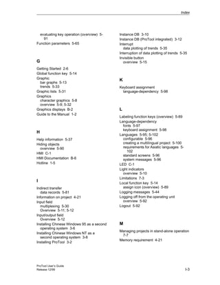 Index
ProTool User’s Guide
Release 12/99 I-3
evaluating key operation (overview) 5-
91
Function parameters 5-65
G
Getting Started 2-6
Global function key 5-14
Graphic
bar graphs 5-13
trends 5-33
Graphic lists 5-31
Graphics
character graphics 5-8
overview 5-9; 5-32
Graphics displays B-2
Guide to the Manual 1-2
H
Help information 5-37
Hiding objects
overview 5-90
HMI C-1
HMI Documentation B-6
Hotline 1-5
I
Indirect transfer
data records 5-81
Information on project 4-21
Input field
multiplexing 5-30
Overview 5-11; 5-12
Input/output field
Overview 5-12
Installing Chinese Windows 95 as a second
operating system 3-6
Installing Chinese Windows NT as a
second operating system 3-8
Installing ProTool 3-2
Instance DB 3-10
Instance DB (ProTool integrated) 3-12
Interrupt
data plotting of trends 5-35
Interruption of data plotting of trends 5-35
Invisible button
overview 5-15
K
Keyboard assignment
language-dependency 5-98
L
Labeling function keys (overview) 5-89
Language-dependency
fonts 5-97
keyboard assignment 5-98
Languages 5-95; 5-102
configurable 5-96
creating a multilingual project 5-100
requirements for Asiatic languages 5-
102
standard screens 5-96
system messages 5-96
LED C-1
Light indicators
overview 5-10
Limitations 7-3
Local function key 5-14
assign icon (overview) 5-89
Logging messages 5-44
Logging off from the operating unit
overview 5-92
Logout 5-92
M
Managing projects in stand-alone operation
7-7
Memory requirement 4-21
 