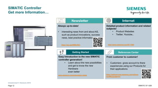Unrestricted © Siemens 2019
SIMATIC Controller
Get more Information…
Always up-to-date!
• interesting news from and about AS,
such as product innovations, success
news, best practice information etc.
Newsletter
https://sie.ag/2WMmRCj
Detailed product information and related
subjects!
• Product Websites
• Twitter, Youtube..
Internet
http://www.siemens.com/S7-1200
References Center
From customer to customer!
• Customers gives account to there
experiences using our Products for
their applications
Getting Started
www.siemens.com/automation-tasks
Easy Introduction to the new SIMATIC
controller generation!
• Learn about the new possibilities
and get to know the new
Hardware
even better
https://webservices.siemens.com/referen
zen/#language=en
Page 12 SIMATIC S7-1200
 