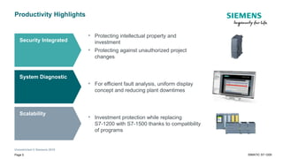 Unrestricted © Siemens 2019
Security Integrated
• Protecting intellectual property and
investment
• Protecting against unauthorized project
changes
Productivity Highlights
• For efficient fault analysis, uniform display
concept and reducing plant downtimes
• Investment protection while replacing
S7-1200 with S7-1500 thanks to compatibility
of programs
System Diagnostic
Scalability
Page 5 SIMATIC S7-1200
 