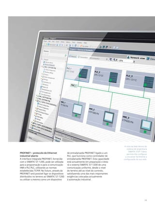 11
A vista da rede dentro do
sistema de engenharia
SIMATIC STEP 7 Basic
permite-lhe configurar
e visualizar facilmente a
configuração da sua rede.
PROFINET – protocolo de Ethernet
industrial aberto
A interface integrada PROFINET, fornecida
com o SIMATIC S7-1200, pode ser utilizada
para a programação e para a comunicação
HMI e PLC-PLC, utilizando as normas
estabelecidas TCP/IP. No futuro, através da
PROFINET será possível ligar os dispositivos
distribuídos no terreno ao SIMATIC S7-1200
ou utilizar o mesmo como um dispositivo
de entrada/saída PROFINET ligado a um
PLC, que funciona como controlador de
entrada/saída PROFINET. Esta capacidade
está actualmente em preparação e dota-
rá o sistema SIMATIC S7-1200 de uma
comunicação uniforme, desde o nível
do terreno até ao nível do controlo,
satisfazendo uma das mais importantes
exigências colocadas actualmente
à automação industrial.
 