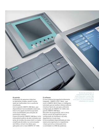 3
Na área de automação, os
componentes potentes são um
factor-chave para o sucesso. Mas
o que realmente é uma vantagem
única para si, é o facto de todos eles
trabalharem em conjunto.
Os painéis
A operação de pequenas máquinas
ou aplicações simples, podem muitas
vezes ser melhoradas com o auxílio da
visualização.
Com os painéis SIMATIC HMI Basic, que
disponibilizam funcionalidades essenciais,
esta é uma opção económica que abre
novas possibilidades para soluções de
automação criativas.
A gama de painéis SIMATIC HMI Basic inclui
mostradores gráficos de alto contraste com
teclas de funções de acesso táctil; a criação
simplificada de redes e as comunicações
sem falhas, tornam-nos ideais para
aplicações com o novo SIMATIC S7-1200.
O software
O novo sistema de engenharia altamente
integrado - SIMATIC STEP 7 Basic - que
inclui o SIMATIC WinCC Basic, é inteligente,
orientado para as tarefas e oferece editores
intuitivos fáceis de usar para a eficiente
configuração do SIMATIC S7-1200 e dos
painéis SIMATIC HMI Basic.
Para além da programação, ele é a ferra-
menta comum de engenharia para a
configuração do hardware e da rede,
diagnósticos e muito mais.
A funcionalidade disponibilizada por este
sistema de engenharia é o ingrediente-
-chave que torna a interacção entre
o controlador e o HMI tão poderosa.
 