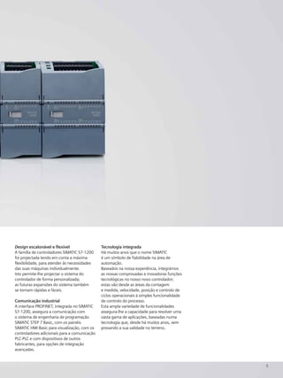 5
Design escalonável e flexível
A família de controladores SIMATIC S7-1200
foi projectada tendo em conta a máxima
flexibilidade, para atender às necessidades
das suas máquinas individualmente.
Isto permite-lhe projectar o sistema do
controlador de forma personalizada;
as futuras expansões do sistema também
se tornam rápidas e fáceis.
Comunicação industrial
A interface PROFINET, integrada no SIMATIC
S7-1200, assegura a comunicação com
o sistema de engenharia de programação
SIMATIC STEP 7 Basic, com os painéis
SIMATIC HMI Basic para visualização, com os
controladores adicionais para a comunicação
PLC-PLC e com dispositivos de outros
fabricantes, para opções de integração
avançadas.
Tecnologia integrada
Há muitos anos que o nome SIMATIC
é um símbolo de fiabilidade na área de
automação.
Baseados na nossa experiência, integrámos
as nossas comprovadas e inovadoras funções
tecnológicas no nosso novo controlador;
estas vão desde as áreas da contagem
e medida, velocidade, posição e controlo de
ciclos operacionais à simples funcionalidade
de controlo do processo.
Esta ampla variedade de funcionalidades
assegura-lhe a capacidade para resolver uma
vasta gama de aplicações, baseadas numa
tecnologia que, desde há muitos anos, vem
provando a sua validade no terreno.
 