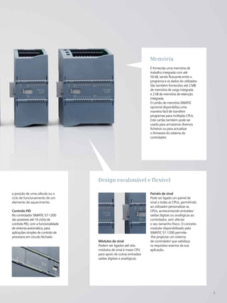 7
Design escalonável e flexível
Memória
É fornecida uma memória de
trabalho integrada com até
50 kB, sendo flutuante entre o
programa e os dados do utilizador.
São também fornecidos até 2 MB
de memória de carga integrada
e 2 kB de memória de retenção
integrada.
O cartão de memória SIMATIC
opcional disponibiliza uma
maneira fácil de transferir
programas para múltiplas CPUs.
Este cartão também pode ser
usado para armazenar diversos
ficheiros ou para actualizar
o firmware do sistema do
controlador.
Módulos de sinal
Podem ser ligados até oito
módulos de sinal à maior CPU
para apoio de outras entradas/
saídas digitais e analógicas.
Painéis de sinal
Pode ser ligado um painel de
sinal a todas as CPUs, permitindo
ao utilizador personalizar as
CPUs, acrescentando entradas/
saídas digitais ou analógicas ao
controlador, sem afectar
o seu tamanho físico. O conceito
modular disponibilizado pelo
SIMATIC S7-1200 permite-
-lhe projectar um sistema
de controlador que satisfaça
os requisitos exactos da sua
aplicação.
a posição de uma válvula ou o
ciclo de funcionamento de um
elemento de aquecimento.
Controlo PID
NocontroladorSIMATICS7-1200
sãopossíveisaté 16ciclosde
controloPID,comafuncionalidade
de sintonia automática, para
aplicaçõessimplesde controlode
processos emcircuito fechado.
 