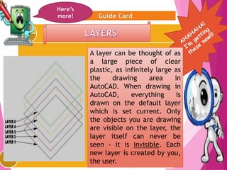 5
Here’s
more!
A layer can be thought of as
a large piece of clear
plastic, as infinitely large as
the drawing area in
AutoCAD. When drawing in
AutoCAD, everything is
drawn on the default layer
which is set current. Only
the objects you are drawing
are visible on the layer, the
layer itself can never be
seen - it is invisible. Each
new layer is created by you,
the user.
 