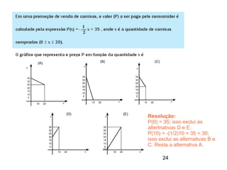 Resolução:
P(0) = 35; isso exclui as
altertnativas D e E.
P(10) = -(1/2)10 + 35 = 30;
isso exclui as alternativas B e
C. Resta a alternativa A.

      24
 
