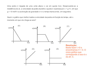 Resolução:
Basta fazer t =0 e
encontramos V = 0. O
único gráfico que
corresponde a isso é o
da alt. C.


47
 