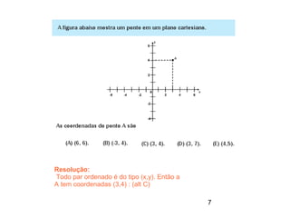 Resolução:
Todo par ordenado é do tipo (x,y). Então a
A tem coordenadas (3,4) : (alt C)

                                             7
 