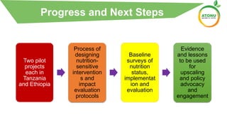 Two pilot
projects
each in
Tanzania
and Ethiopia
Process of
designing
nutrition-
sensitive
intervention
s and
impact
evaluation
protocols
Baseline
surveys of
nutrition
status,
implementat
ion and
evaluation
Evidence
and lessons
to be used
for
upscaling
and policy
advocacy
and
engagement
Progress and Next Steps
 