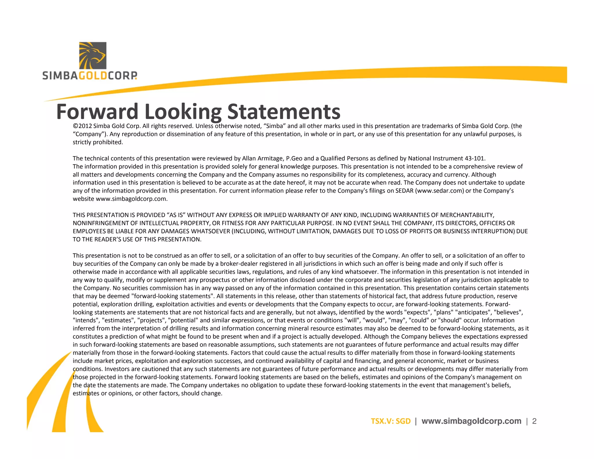 Simba Gold Corp. corporate presentation: January 2012 | PPT