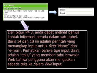 Dari pigur P4.3, anda dapat melihat bahwa
kontak informasi berada dalam satu tabel.
Baris 14 dan 18 ini adalah perintah yang
menangkap input untuk field “Name” dan
“e-mail”. Perhatikan bahwa tipe input disini
adalah “teks,” yang memberi tahu browser
Web bahwa pengguna akan mengetikan
sebaris teks ke dalam field input.
 