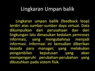 Lingkaran Umpan balik

    Lingkaran umpan ballik (feedback loop)
terdiri atas sumber-sumber daya virtual. Data
dikumpulkan dari perusahaan dan dari
lingkungan lalu dimasukan kedalam pemroses
informasi, yang mengubahnya menjadi
informasi. Informasi ini kemudian diberikan
kepada para manager, yang melakukan
pengambilan       keputusan   yang       akan
mempengaruhi perubahan-perubahan yang
dibutuhkan pada sistem fisik.
 