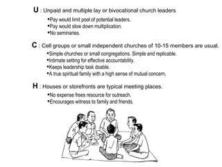 U : Unpaid and multiple lay or bivocational church leaders
      Pay would limit pool of potential leaders.
      Pay would slow down multiplication.
      No seminaries.

C : Cell groups or small independent churches of 10-15 members are usual.
     Simple churches or small congregations. Simple and replicable.
     Intimate setting for effective accountability.
     Keeps leadership task doable.
     A true spiritual family with a high sense of mutual concern.

H : Houses or storefronts are typical meeting places.
      No expense frees resource for outreach.
      Encourages witness to family and friends.
 
