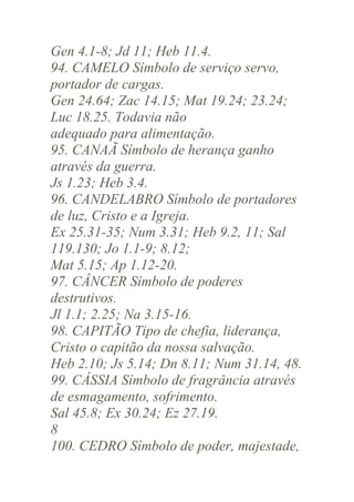 Gen 4.1-8; Jd 11; Heb 11.4.
94. CAMELO Símbolo de serviço servo,
portador de cargas.
Gen 24.64; Zac 14.15; Mat 19.24; 23.24;
Luc 18.25. Todavia não
adequado para alimentação.
95. CANAÃ Símbolo de herança ganho
através da guerra.
Js 1.23; Heb 3.4.
96. CANDELABRO Símbolo de portadores
de luz, Cristo e a Igreja.
Ex 25.31-35; Num 3.31; Heb 9.2, 11; Sal
119.130; Jo 1.1-9; 8.12;
Mat 5.15; Ap 1.12-20.
97. CÂNCER Símbolo de poderes
destrutivos.
Jl 1.1; 2.25; Na 3.15-16.
98. CAPITÃO Tipo de chefia, liderança,
Cristo o capitão da nossa salvação.
Heb 2.10; Js 5.14; Dn 8.11; Num 31.14, 48.
99. CÁSSIA Símbolo de fragrância através
de esmagamento, sofrimento.
Sal 45.8; Ex 30.24; Ez 27.19.
8
100. CEDRO Símbolo de poder, majestade,

 