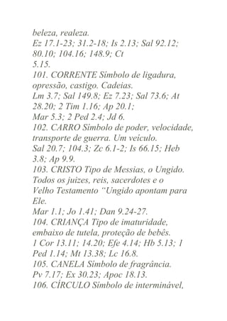 beleza, realeza.
Ez 17.1-23; 31.2-18; Is 2.13; Sal 92.12;
80.10; 104.16; 148.9; Ct
5.15.
101. CORRENTE Símbolo de ligadura,
opressão, castigo. Cadeias.
Lm 3.7; Sal 149.8; Ez 7.23; Sal 73.6; At
28.20; 2 Tim 1.16; Ap 20.1;
Mar 5.3; 2 Ped 2.4; Jd 6.
102. CARRO Símbolo de poder, velocidade,
transporte de guerra. Um veículo.
Sal 20.7; 104.3; Zc 6.1-2; Is 66.15; Heb
3.8; Ap 9.9.
103. CRISTO Tipo de Messias, o Ungido.
Todos os juizes, reis, sacerdotes e o
Velho Testamento “Ungido apontam para
Ele.
Mar 1.1; Jo 1.41; Dan 9.24-27.
104. CRIANÇA Tipo de imaturidade,
embaixo de tutela, proteção de bebês.
1 Cor 13.11; 14.20; Efe 4.14; Hb 5.13; 1
Ped 1.14; Mt 13.38; Lc 16.8.
105. CANELA Símbolo de fragrância.
Pv 7.17; Ex 30.23; Apoc 18.13.
106. CÍRCULO Símbolo de interminável,

 