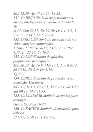 Mat 13.30; Ap 14.14-20; Lv 23.
131. CABEÇA Símbolo de pensamentos,
mente, inteligência, governo, autoridade.
10
Is 15; Mat 22.37; Ex 29.10; Lv 1.4; 3.2; 1
Cor 11.3; Ef 1.22; 5.23-24.
132. CORAÇÃO Símbolo do centro do ser,
vida, emoções, motivações.
1 Tim 1.5; Sal 40.8-12; 1 Cor 7.37; Rom
6.17; Pv 25.20; Lv 19.7.
133. CALOR Símbolo de aflições,
julgamento, perseguição.
Mat 20.12; Ap 16.9; Mat 13.6; Luc 8.6-13;
Jó 30.30; Ez 3.4; Dn 3.19;
Tg 1.11.
134. CERCA Símbolo de proteção, reter,
restrição. Um muro.
Jó 1.10; Is 5.5; Ez 13.5; Mar 12.1; Jó 3.23;
Sal 80.12; Mat 21.33.
135. CALCANHAR Símbolo de poder para
esmagar.
Gen 3.15; Rom 16.20.
136. CAPACETE Símbolo de proteção para
cabeça.
Ef 6.17; Is 59.17; 1 Tes 5.8.

 