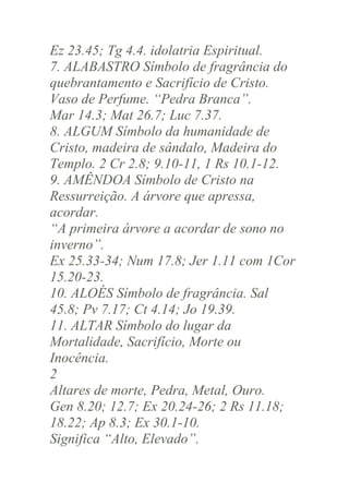 Ez 23.45; Tg 4.4. idolatria Espiritual.
7. ALABASTRO Símbolo de fragrância do
quebrantamento e Sacrifício de Cristo.
Vaso de Perfume. “Pedra Branca”.
Mar 14.3; Mat 26.7; Luc 7.37.
8. ALGUM Símbolo da humanidade de
Cristo, madeira de sândalo, Madeira do
Templo. 2 Cr 2.8; 9.10-11, 1 Rs 10.1-12.
9. AMÊNDOA Símbolo de Cristo na
Ressurreição. A árvore que apressa,
acordar.
“A primeira árvore a acordar de sono no
inverno”.
Ex 25.33-34; Num 17.8; Jer 1.11 com 1Cor
15.20-23.
10. ALOÉS Símbolo de fragrância. Sal
45.8; Pv 7.17; Ct 4.14; Jo 19.39.
11. ALTAR Símbolo do lugar da
Mortalidade, Sacrifício, Morte ou
Inocência.
2
Altares de morte, Pedra, Metal, Ouro.
Gen 8.20; 12.7; Ex 20.24-26; 2 Rs 11.18;
18.22; Ap 8.3; Ex 30.1-10.
Significa “Alto, Elevado”.

 