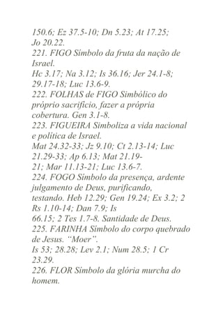 150.6; Ez 37.5-10; Dn 5.23; At 17.25;
Jo 20.22.
221. FIGO Símbolo da fruta da nação de
Israel.
Hc 3.17; Na 3.12; Is 36.16; Jer 24.1-8;
29.17-18; Luc 13.6-9.
222. FOLHAS de FIGO Simbólico do
próprio sacrifício, fazer a própria
cobertura. Gen 3.1-8.
223. FIGUEIRA Simboliza a vida nacional
e política de Israel.
Mat 24.32-33; Jz 9.10; Ct 2.13-14; Luc
21.29-33; Ap 6.13; Mat 21.1921; Mar 11.13-21; Luc 13.6-7.
224. FOGO Símbolo da presença, ardente
julgamento de Deus, purificando,
testando. Heb 12.29; Gen 19.24; Ex 3.2; 2
Rs 1.10-14; Dan 7.9; Is
66.15; 2 Tes 1.7-8. Santidade de Deus.
225. FARINHA Símbolo do corpo quebrado
de Jesus. “Moer”.
Is 53; 28.28; Lev 2.1; Num 28.5; 1 Cr
23.29.
226. FLOR Símbolo da glória murcha do
homem.

 