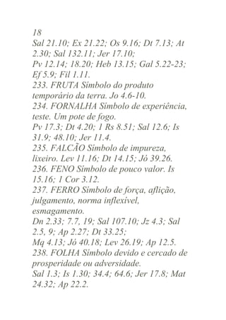 18
Sal 21.10; Ex 21.22; Os 9.16; Dt 7.13; At
2.30; Sal 132.11; Jer 17.10;
Pv 12.14; 18.20; Heb 13.15; Gal 5.22-23;
Ef 5.9; Fil 1.11.
233. FRUTA Símbolo do produto
temporário da terra. Jo 4.6-10.
234. FORNALHA Símbolo de experiência,
teste. Um pote de fogo.
Pv 17.3; Dt 4.20; 1 Rs 8.51; Sal 12.6; Is
31.9; 48.10; Jer 11.4.
235. FALCÃO Símbolo de impureza,
lixeiro. Lev 11.16; Dt 14.15; Jó 39.26.
236. FENO Símbolo de pouco valor. Is
15.16; 1 Cor 3.12.
237. FERRO Símbolo de força, aflição,
julgamento, norma inflexível,
esmagamento.
Dn 2.33; 7.7, 19; Sal 107.10; Jz 4.3; Sal
2.5, 9; Ap 2.27; Dt 33.25;
Mq 4.13; Jó 40.18; Lev 26.19; Ap 12.5.
238. FOLHA Símbolo devido e cercado de
prosperidade ou adversidade.
Sal 1.3; Is 1.30; 34.4; 64.6; Jer 17.8; Mat
24.32; Ap 22.2.

 