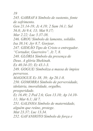 19
245. GARRAFA Símbolo de sustento, fonte
de sofrimento.
Gen 21.14-19; Jz 4.19; 2 Sam 16.1; Sal
56.8; Jó 9.4, 13; Mat 9.17;
Mar 2.22; Luc 5.37-38.
246. GROU Símbolo de lamento, solidão.
Isa 38.14; Jer 8.7. Gorjear.
247. GIDEÃO Tipo de Cristo o entregador.
“Cortador, Guerreiro”. Jz 7, 8.
248. GLÓRIA Símbolo da presença de
Deus. A glória Shekinah.
Ex 40.34-35; Ez 43.1-3.
249. GOGUE/ Simboliza a massa de ímpios
perversos.
MAGOGUE Ez 38, 39; Ap 20.1-8.
250. GOMORRA Símbolo de perversidade,
idolatria, imoralidade, orgulho,
prosperidade.
Ez 16.49; 2 Ped 2.6; Gen 13.10; Ap 14.1011; Mar 6.1; Jd 7.
251. GALINHA Símbolo de maternidade,
alguém que reúne, protege.
Mat 23.37; Luc 13.34.
252. GAFANHOTO Símbolo de força e

 