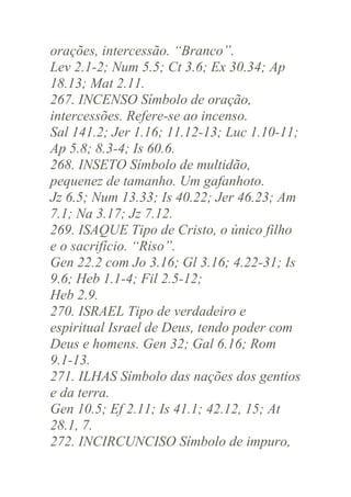 orações, intercessão. “Branco”.
Lev 2.1-2; Num 5.5; Ct 3.6; Ex 30.34; Ap
18.13; Mat 2.11.
267. INCENSO Símbolo de oração,
intercessões. Refere-se ao incenso.
Sal 141.2; Jer 1.16; 11.12-13; Luc 1.10-11;
Ap 5.8; 8.3-4; Is 60.6.
268. INSETO Símbolo de multidão,
pequenez de tamanho. Um gafanhoto.
Jz 6.5; Num 13.33; Is 40.22; Jer 46.23; Am
7.1; Na 3.17; Jz 7.12.
269. ISAQUE Tipo de Cristo, o único filho
e o sacrifício. “Riso”.
Gen 22.2 com Jo 3.16; Gl 3.16; 4.22-31; Is
9.6; Heb 1.1-4; Fil 2.5-12;
Heb 2.9.
270. ISRAEL Tipo de verdadeiro e
espiritual Israel de Deus, tendo poder com
Deus e homens. Gen 32; Gal 6.16; Rom
9.1-13.
271. ILHAS Símbolo das nações dos gentios
e da terra.
Gen 10.5; Ef 2.11; Is 41.1; 42.12, 15; At
28.1, 7.
272. INCIRCUNCISO Símbolo de impuro,

 