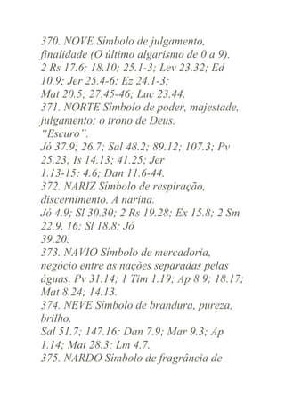 370. NOVE Símbolo de julgamento,
finalidade (O último algarismo de 0 a 9).
2 Rs 17.6; 18.10; 25.1-3; Lev 23.32; Ed
10.9; Jer 25.4-6; Ez 24.1-3;
Mat 20.5; 27.45-46; Luc 23.44.
371. NORTE Símbolo de poder, majestade,
julgamento; o trono de Deus.
“Escuro”.
Jó 37.9; 26.7; Sal 48.2; 89.12; 107.3; Pv
25.23; Is 14.13; 41.25; Jer
1.13-15; 4.6; Dan 11.6-44.
372. NARIZ Símbolo de respiração,
discernimento. A narina.
Jó 4.9; Sl 30.30; 2 Rs 19.28; Ex 15.8; 2 Sm
22.9, 16; Sl 18.8; Jó
39.20.
373. NAVIO Símbolo de mercadoria,
negócio entre as nações separadas pelas
águas. Pv 31.14; 1 Tim 1.19; Ap 8.9; 18.17;
Mat 8.24; 14.13.
374. NEVE Símbolo de brandura, pureza,
brilho.
Sal 51.7; 147.16; Dan 7.9; Mar 9.3; Ap
1.14; Mat 28.3; Lm 4.7.
375. NARDO Símbolo de fragrância de

 