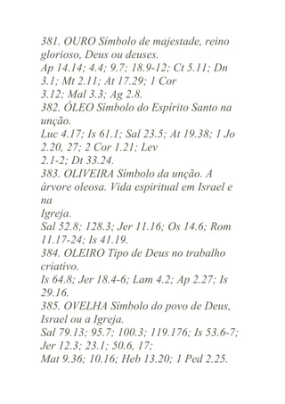 381. OURO Símbolo de majestade, reino
glorioso, Deus ou deuses.
Ap 14.14; 4.4; 9.7; 18.9-12; Ct 5.11; Dn
3.1; Mt 2.11; At 17.29; 1 Cor
3.12; Mal 3.3; Ag 2.8.
382. ÓLEO Símbolo do Espírito Santo na
unção.
Luc 4.17; Is 61.1; Sal 23.5; At 19.38; 1 Jo
2.20, 27; 2 Cor 1.21; Lev
2.1-2; Dt 33.24.
383. OLIVEIRA Símbolo da unção. A
árvore oleosa. Vida espiritual em Israel e
na
Igreja.
Sal 52.8; 128.3; Jer 11.16; Os 14.6; Rom
11.17-24; Is 41.19.
384. OLEIRO Tipo de Deus no trabalho
criativo.
Is 64.8; Jer 18.4-6; Lam 4.2; Ap 2.27; Is
29.16.
385. OVELHA Símbolo do povo de Deus,
Israel ou a Igreja.
Sal 79.13; 95.7; 100.3; 119.176; Is 53.6-7;
Jer 12.3; 23.1; 50.6, 17;
Mat 9.36; 10.16; Heb 13.20; 1 Ped 2.25.

 