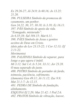 Ex 29.26-27; Jó 24.9; Is 60.16; Jo 13.25;
21.20.
396. PULSEIRA Símbolo da promessa de
casamento, um penhor.
Gen 24.22, 30, 37; 38.18; Is 3.19; Ez 16.11.
397. PÃO Símbolo de apoio da vida.
“Esmagado, misturado”.
Jo 6.35-38; Sal 104.15; Mat 6.11.
398. PÃES Símbolo de Jesus e gentios
aceitos de Deus em Cristo.
(dois pães de Lev 23.15-22; 1 Cor 12.13; Ef
2.11-22.
Movimento)
399. PALHINHA Símbolo de separar, para
longe o que agora é inútil.
Mt 3.12; Sal 1.4; Is 5.24; 33.11; Jer 23.28.
O mau separado do justo.
400. POTRO Símbolo de portador de fardo,
teimosia, paciência, sofrimento.
(Jumento) Gen 49.11; Jó 11.12; Zac 9.9;
Mat 21.1-7; Jo 12.15.
401. PEDRA DE Símbolo de fundação,
alinhamento.
ESQUINA Ef 2.20; Mat 21.42; 1 Ped 2.6.
402. PRATOS Símbolo de vibração, louvor,

 