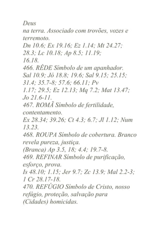Deus
na terra. Associado com trovões, vozes e
terremoto.
Dn 10.6; Ex 19.16; Ez 1.14; Mt 24.27;
28.3; Lc 10.18; Ap 8.5; 11.19;
16.18.
466. RÊDE Símbolo de um apanhador.
Sal 10.9; Jó 18.8; 19.6; Sal 9.15; 25.15;
31.4; 35.7-8; 57.6; 66.11; Pv
1.17; 29.5; Ez 12.13; Mq 7.2; Mat 13.47;
Jo 21.6-11.
467. ROMÃ Símbolo de fertilidade,
contentamento.
Ex 28.34; 39.26; Ct 4.3; 6.7; Jl 1.12; Num
13.23.
468. ROUPA Símbolo de cobertura. Branco
revela pureza, justiça.
(Branca) Ap 3.5, 18; 4.4; 19.7-8.
469. REFINAR Símbolo de purificação,
esforço, prova.
Is 48.10; 1.15; Jer 9.7; Zc 13.9; Mal 2.2-3;
1 Cr 28.17-18.
470. REFÚGIO Símbolo de Cristo, nosso
refúgio, proteção, salvação para
(Cidades) homicidas.

 