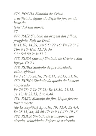 476. ROCHA Símbolo de Cristo
crucificado, águas do Espírito jorram da
base de
(Ferido) sua morte.
37
477. RAÍZ Símbolo da origem dos filhos,
progênie, Raiz de Davi.
Is 11.10; 14.29; Ap 5.5; 22.16; Pv 12.3; 1
Tim 6.10; Heb 12.15; Jó
5.3; Sal 80.9; Is 53.2.
478. ROSA (Saron) Símbolo de Cristo e Sua
Igreja. Ct 2.1.
479. RUBIS Símbolo de preciosidade,
valor, glórias.
Pv 3.15; Jó 28.18; Pv 8.11; 20.15; 31.10.
480. RUÍNA Símbolo da queda do homem
no pecado.
Pv 26.28; 2 Cr 28.23; Ez 18.30; 21.15;
31.13; Is 23.13; Luc 6.48.
481. RABO Símbolo do fim. O que ferroa,
traz a morte.
(de Escorpiões) Ap 9.10, 19; 12.4; Ex 4.4;
Dt 28.13, 44; Jó 40.17; Is 9.14-15; 19.15.
482. RODA Símbolo de transporte, um
círculo, velocidade. Refere-se a círculo.

 