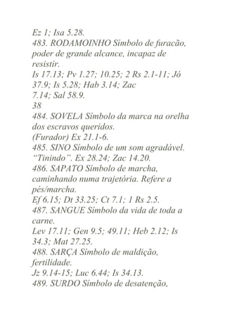 Ez 1; Isa 5.28.
483. RODAMOINHO Símbolo de furacão,
poder de grande alcance, incapaz de
resistir.
Is 17.13; Pv 1.27; 10.25; 2 Rs 2.1-11; Jó
37.9; Is 5.28; Hab 3.14; Zac
7.14; Sal 58.9.
38
484. SOVELA Símbolo da marca na orelha
dos escravos queridos.
(Furador) Ex 21.1-6.
485. SINO Símbolo de um som agradável.
“Tinindo”. Ex 28.24; Zac 14.20.
486. SAPATO Símbolo de marcha,
caminhando numa trajetória. Refere a
pés/marcha.
Ef 6.15; Dt 33.25; Ct 7.1; 1 Rs 2.5.
487. SANGUE Símbolo da vida de toda a
carne.
Lev 17.11; Gen 9.5; 49.11; Heb 2.12; Is
34.3; Mat 27.25.
488. SARÇA Símbolo de maldição,
fertilidade.
Jz 9.14-15; Luc 6.44; Is 34.13.
489. SURDO Símbolo de desatenção,

 