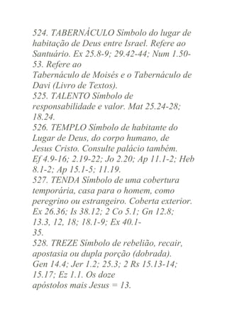 524. TABERNÁCULO Símbolo do lugar de
habitação de Deus entre Israel. Refere ao
Santuário. Ex 25.8-9; 29.42-44; Num 1.5053. Refere ao
Tabernáculo de Moisés e o Tabernáculo de
Davi (Livro de Textos).
525. TALENTO Símbolo de
responsabilidade e valor. Mat 25.24-28;
18.24.
526. TEMPLO Símbolo de habitante do
Lugar de Deus, do corpo humano, de
Jesus Cristo. Consulte palácio também.
Ef 4.9-16; 2.19-22; Jo 2.20; Ap 11.1-2; Heb
8.1-2; Ap 15.1-5; 11.19.
527. TENDA Símbolo de uma cobertura
temporária, casa para o homem, como
peregrino ou estrangeiro. Coberta exterior.
Ex 26.36; Is 38.12; 2 Co 5.1; Gn 12.8;
13.3, 12, 18; 18.1-9; Ex 40.135.
528. TREZE Símbolo de rebelião, recair,
apostasia ou dupla porção (dobrada).
Gen 14.4; Jer 1.2; 25.3; 2 Rs 15.13-14;
15.17; Ez 1.1. Os doze
apóstolos mais Jesus = 13.

 