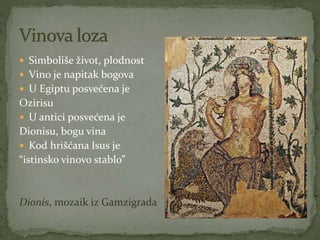  Simboliše život, plodnost
 Vino je napitak bogova
 U Egiptu posvećena je
Ozirisu
 U antici posvećena je
Dionisu, bogu vina
 Kod hrišćana Isus je
“istinsko vinovo stablo”
Dionis, mozaik iz Gamzigrada
 