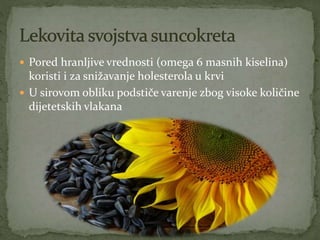  Pored hranljive vrednosti (omega 6 masnih kiselina)
koristi i za snižavanje holesterola u krvi
 U sirovom obliku podstiče varenje zbog visoke količine
dijetetskih vlakana
 