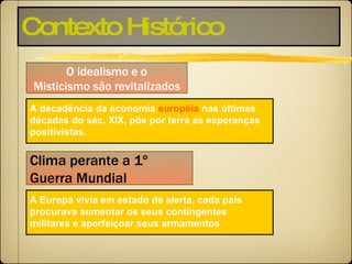 Contexto Histórico O idealismo e o Misticismo são revitalizados A decadência da economia  européia  nas últimas décadas do séc. XIX, põe por terra as esperanças positivistas. Clima perante a 1º  Guerra Mundial A Europa vivia em estado de alerta, cada país procurava aumentar os seus contingentes militares e aperfeiçoar seus armamentos 